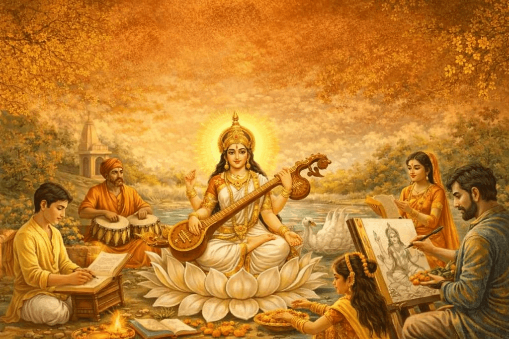 A serene depiction of goddess Saraswati sitting on a lotus, playing a veena, surrounded by students engaging in various forms of art, music, and study, with a tranquil landscape in the background.