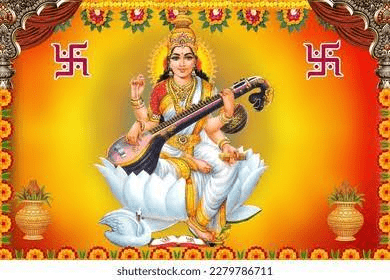 A depiction of the Hindu goddess Saraswati sitting on a lotus flower, playing a veena. The background is vibrant with yellow and orange tones, adorned with floral designs and symbols.