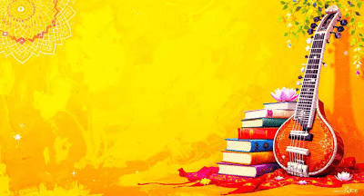 A vibrant yellow background featuring a stack of colorful books next to a traditional string instrument and decorative flowers.