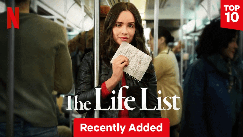 Promotional image for the Netflix movie 'The Life List' featuring a woman holding a notebook in a subway setting.