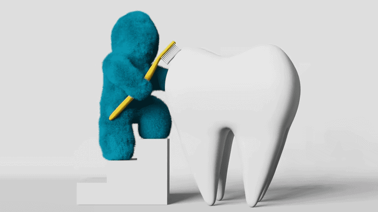 A cartoonish blue figure using a yellow toothbrush to clean a large white tooth, sitting on a small platform.