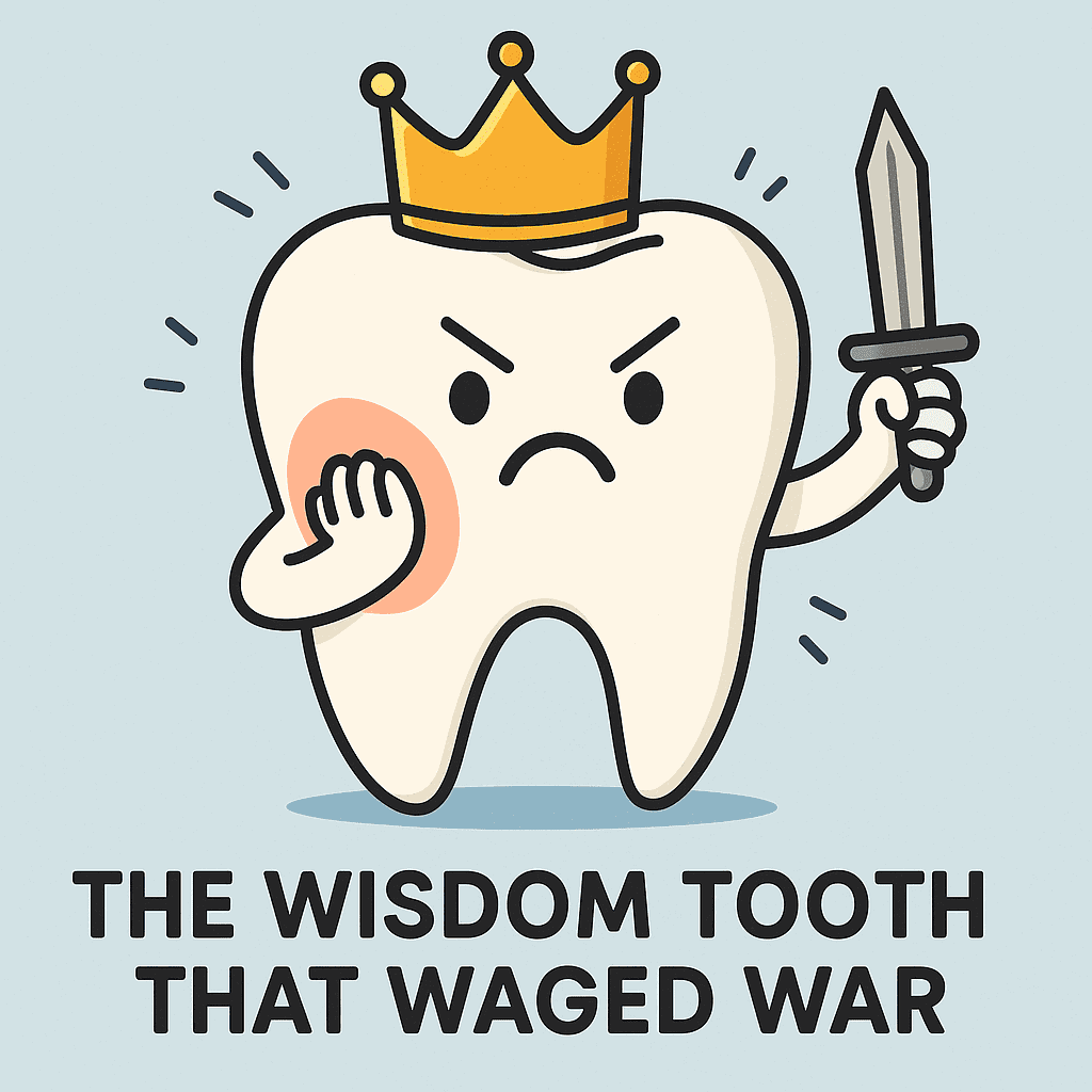 An illustrated cartoon tooth wearing a crown, holding a sword, and touching its cheek in a frustrated manner, with the text 'THE WISDOM TOOTH THAT WAGED WAR' below.