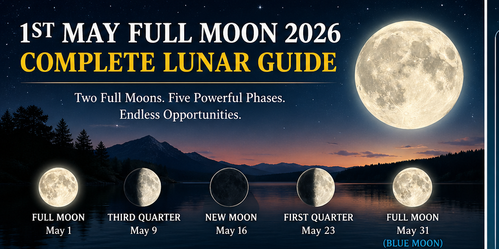 A lunar calendar graphic detailing the full moon phases for May 2026, featuring images of the moon in various stages: full moon on May 1, third quarter on May 9, new moon on May 16, first quarter on May 23, and another full moon on May 31, described as a blue moon.
