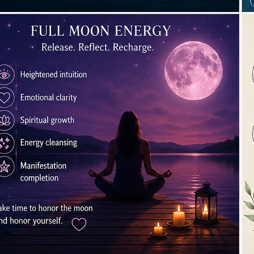 A serene scene depicting a person meditating by a lake under a full moon, surrounded by candles. Text highlights 'Full Moon Energy' with key themes like heightened intuition, emotional clarity, spiritual growth, energy cleansing, and manifestation completion.