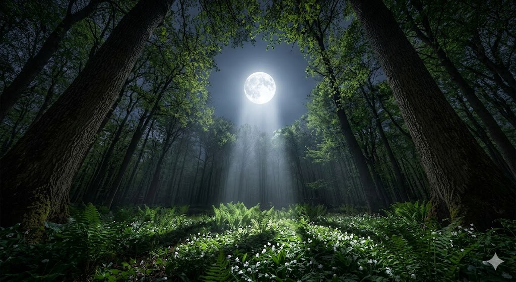 A moonlit forest scene with tall trees and ferns illuminated by beams of moonlight.