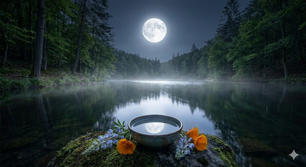 A serene lake at night with a full moon illuminating the scene, surrounded by lush trees. In the foreground, a small bowl filled with water reflects the moonlight, adorned with colorful flowers.