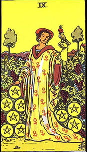 A tarot card featuring a person in a yellow robe holding a bird, with nine pentacles arranged in the foreground and a vineyard in the background.