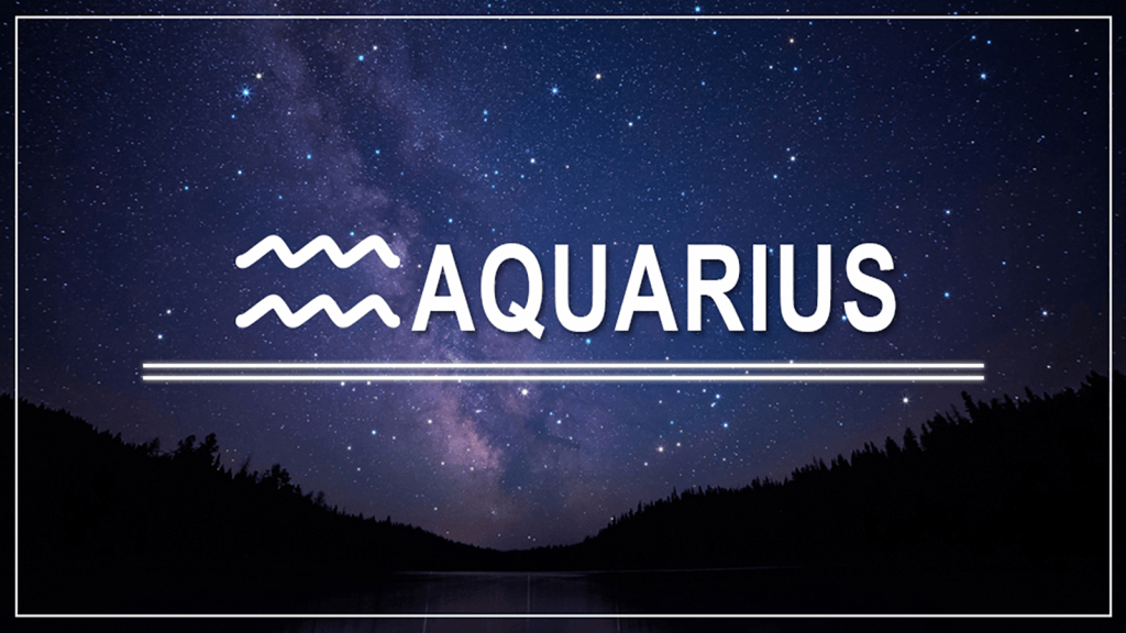 A starry night sky with the word 'AQUARIUS' displayed prominently, accompanied by a wave symbol above it.