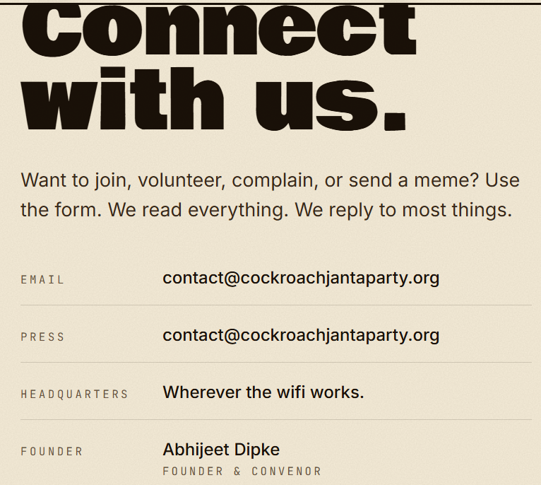 Contact information section for a political party, inviting people to join, volunteer, or reach out via email. Includes founder's name and headquarters location.
