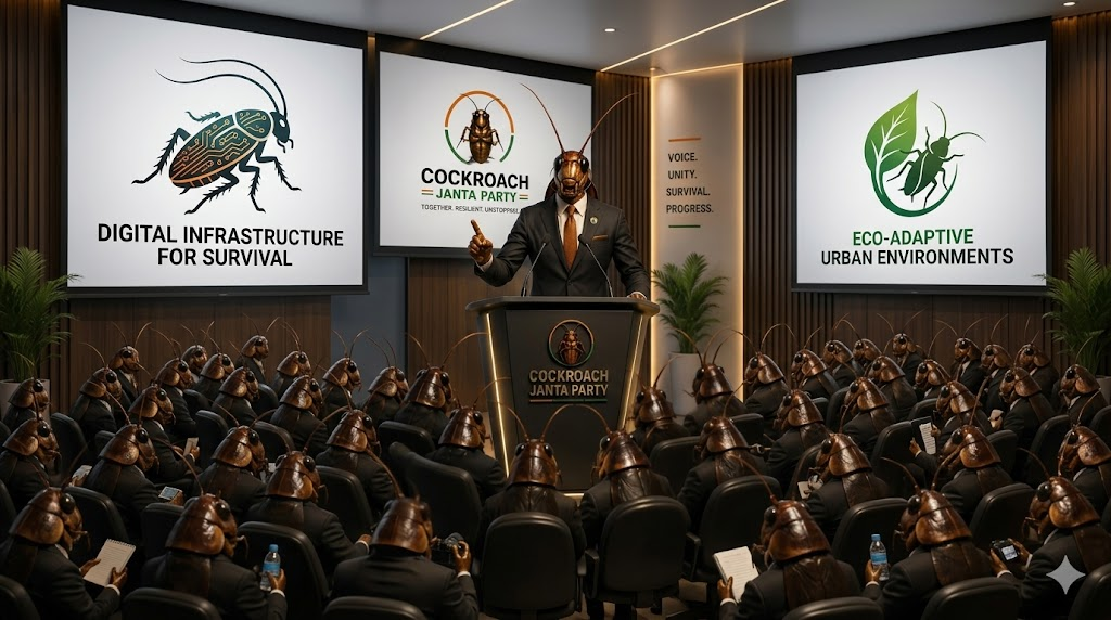 A conference scene with a speaker at a podium addressing an audience of cockroach-like figures wearing suits. Two large screens display logos: one about digital infrastructure for survival and the other about eco-adaptive urban environments.
