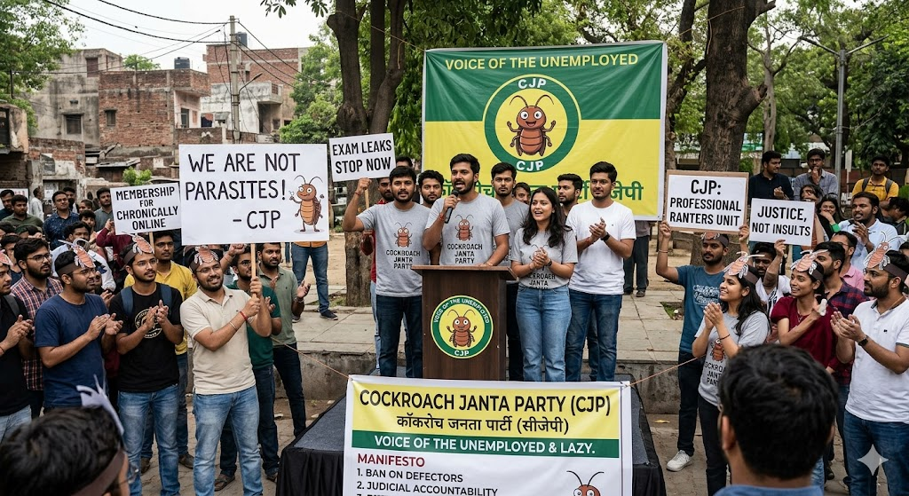 A group of young protesters holding signs at a rally organized by the Cockroach Janta Party (CJP) to advocate for the unemployed, with slogans like 'We Are Not Parasites!' and 'Exam Leaks Stop Now.' A speaker stands at a podium with a backdrop featuring the party's logo.
