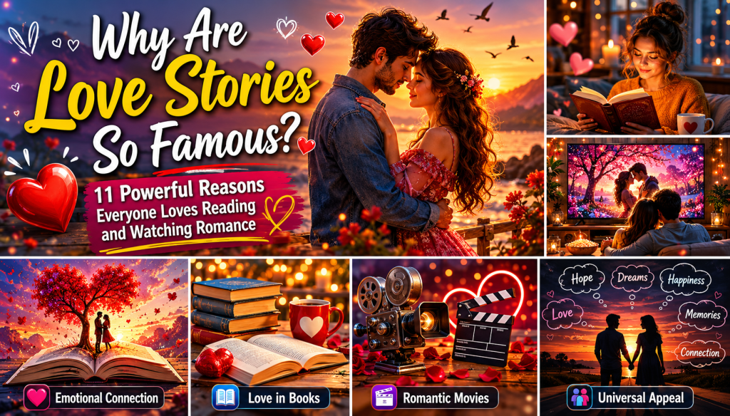 An engaging graphic titled 'Why Are Love Stories So Famous?' featuring a couple in a romantic sunset setting, surrounded by heart symbols. The image promotes 11 reasons for the popularity of love stories, with sections highlighting emotional connection, love in books, romantic movies, and universal appeal.