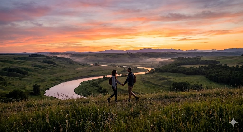A couple holding hands on a hillside during sunset, with a winding river and lush green landscape in the background.