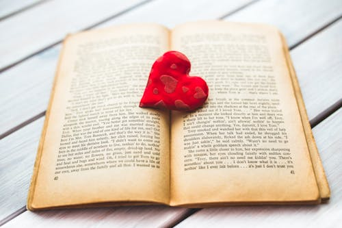 A red heart-shaped decoration resting on an open, aged book with visible text on the pages.