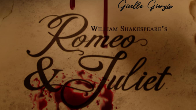 Title graphic for 'Romeo and Juliet' by William Shakespeare, featuring elegant typography with blood splatters.