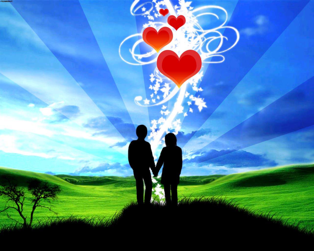Silhouettes of a couple holding hands against a vibrant landscape with green hills, a blue sky, and heart-shaped decorations floating above them.