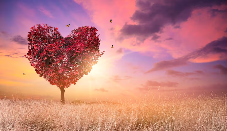 A heart-shaped tree with red leaves stands in a grassy field during sunset, surrounded by butterfly silhouettes against a colorful sky.