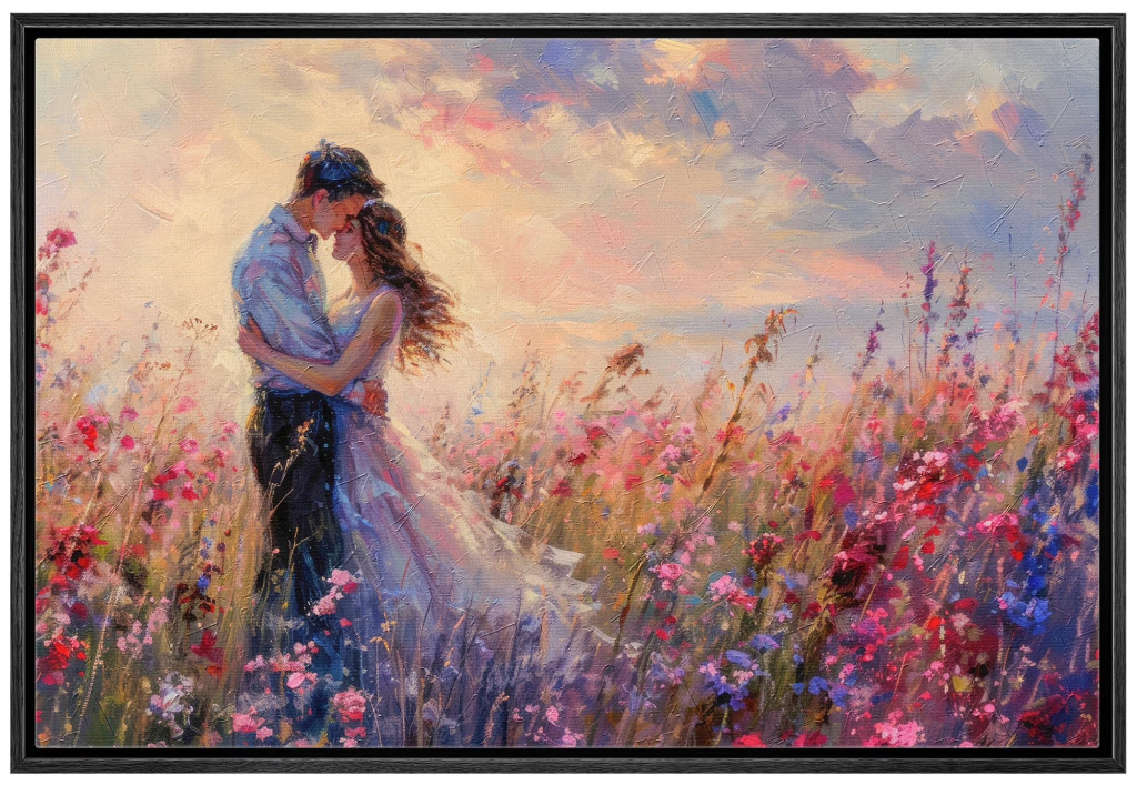 A romantic couple embracing in a field of colorful wildflowers, with a soft pastel sky in the background, depicting warmth and love.