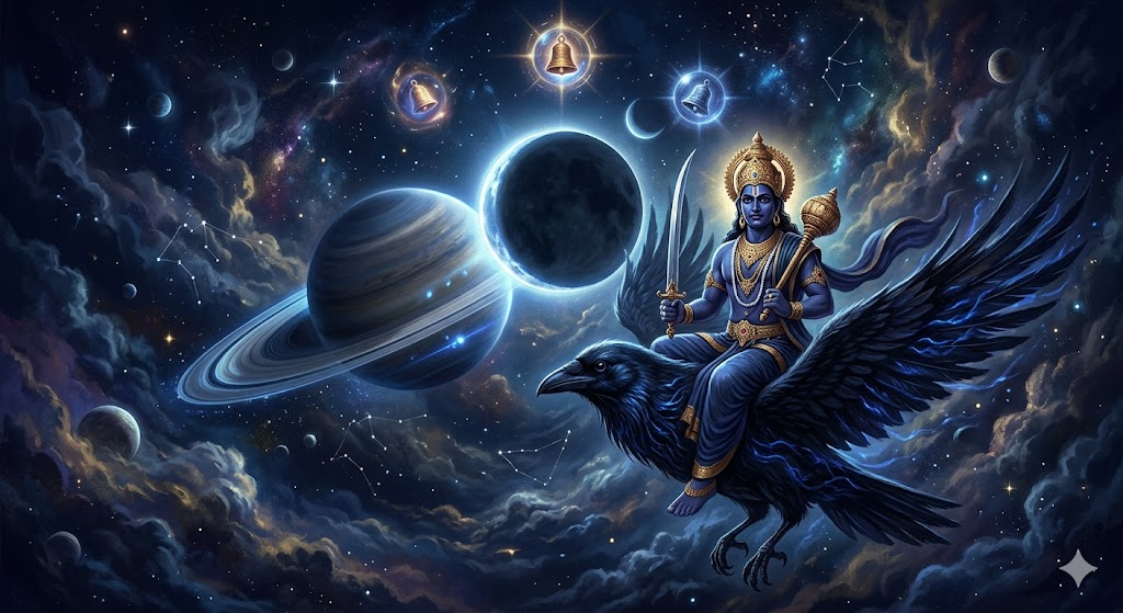 A divine figure seated on a black bird in a cosmic setting, surrounded by planets, stars, and celestial elements.