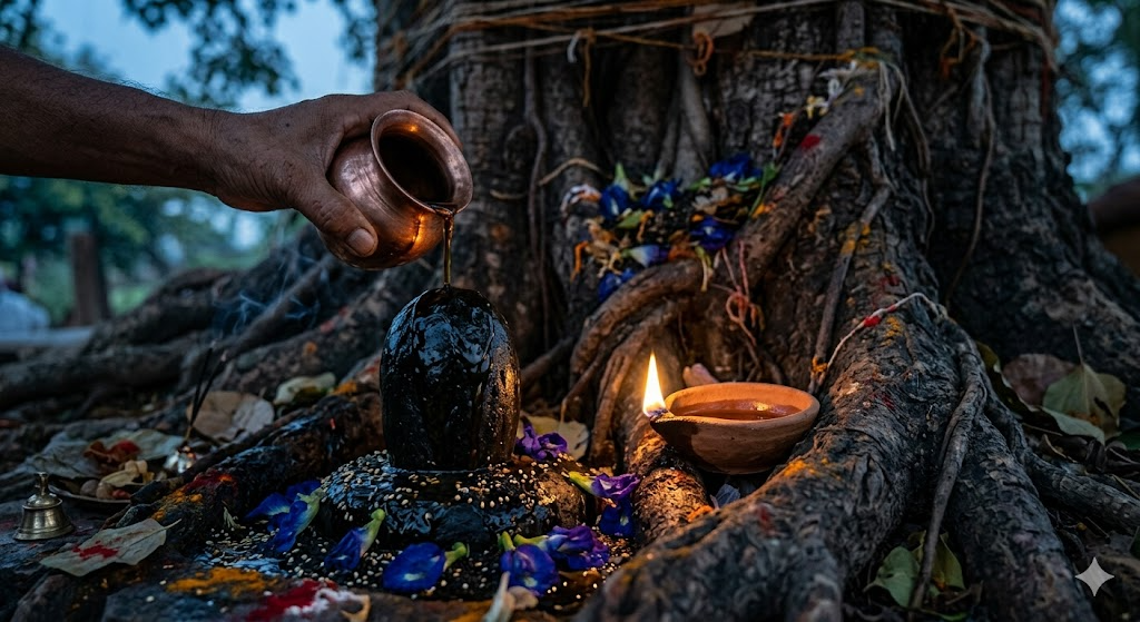 A person pouring water from a copper pot over a black stone Shiva lingam, surrounded by colorful flowers and a lit oil lamp at the base of a large tree.