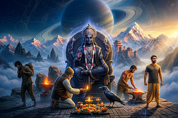 A vibrant artistic depiction of a spiritual scene featuring a seated deity surrounded by mountains and a planet in the sky. Four individuals engage in different acts of devotion and ritual, with offerings presented in front of the deity.