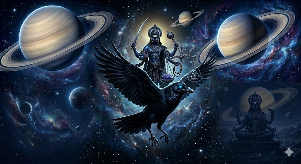 A cosmic scene featuring a deity holding symbolic objects, surrounded by planets and galaxies, with a large black bird flying by.
