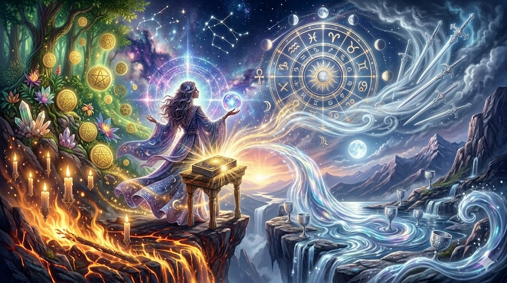 A mystical scene featuring a woman in a flowing dress holding a crystal ball, surrounded by symbols of astrology, gold coins, and mystical elements like candles and crystals, set against a dramatic backdrop of mountains and waterfalls.