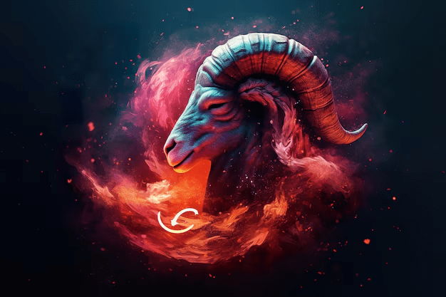 A colorful, stylized depiction of a ram's head emerging from vibrant swirls of smoke and flames.