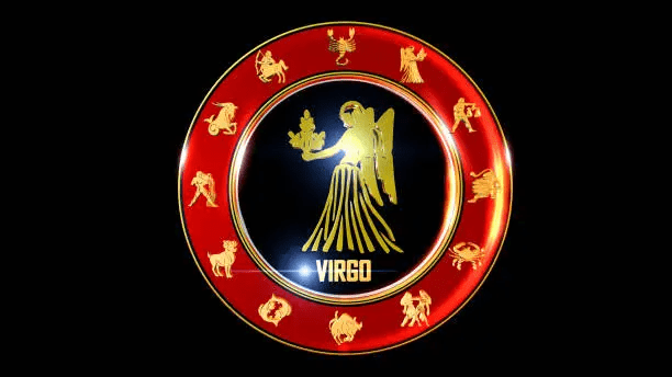 A circular emblem featuring the Virgo zodiac sign, with a golden depiction of a figure holding a sheaf of wheat, surrounded by icons of other zodiac signs on a red background.