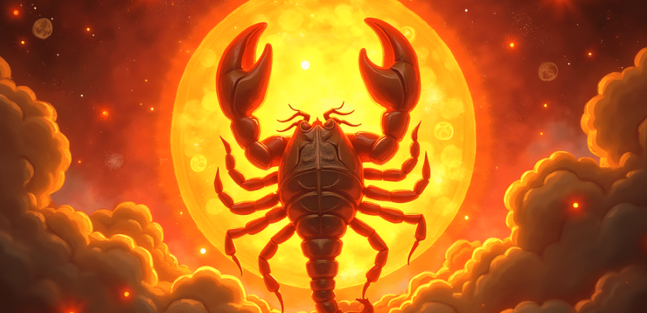 A large, stylized scorpion silhouetted against a glowing orange full moon surrounded by clouds and stars.