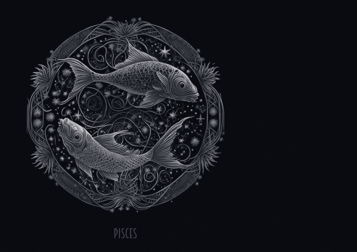 Illustration of two fish representing the zodiac sign Pisces, surrounded by swirling stars and decorative elements on a dark background.