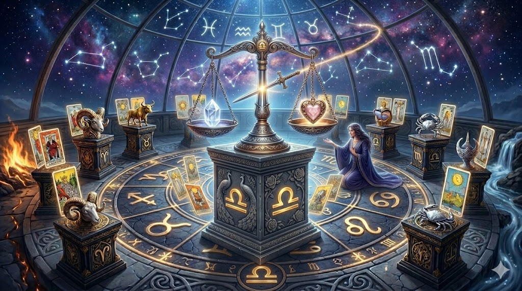 A mystical scene featuring a balance scale in a cosmic setting, surrounded by zodiac symbols and tarot cards representing various astrological signs. A figure in blue robes kneels beside the scale, which holds a crystal and a heart, under a starry sky.