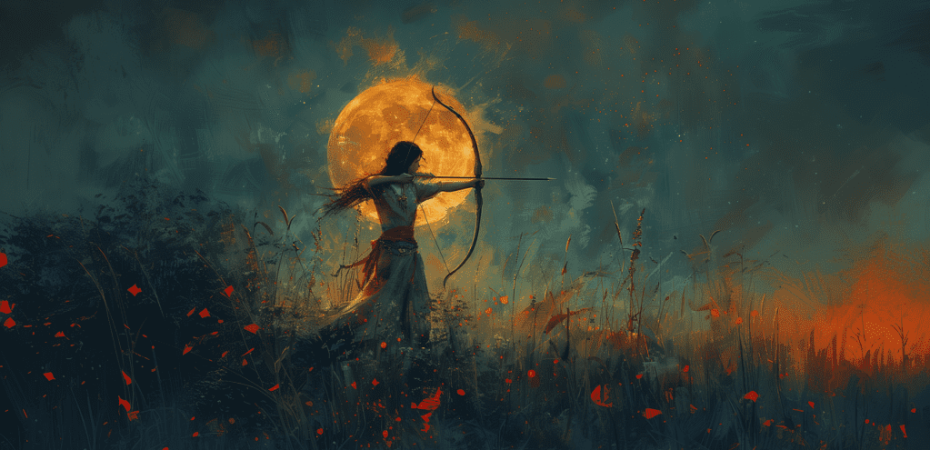 A figure wielding a bow and arrow stands in a field adorned with red flowers, silhouetted against a large, glowing full moon in a dark, atmospheric landscape.
