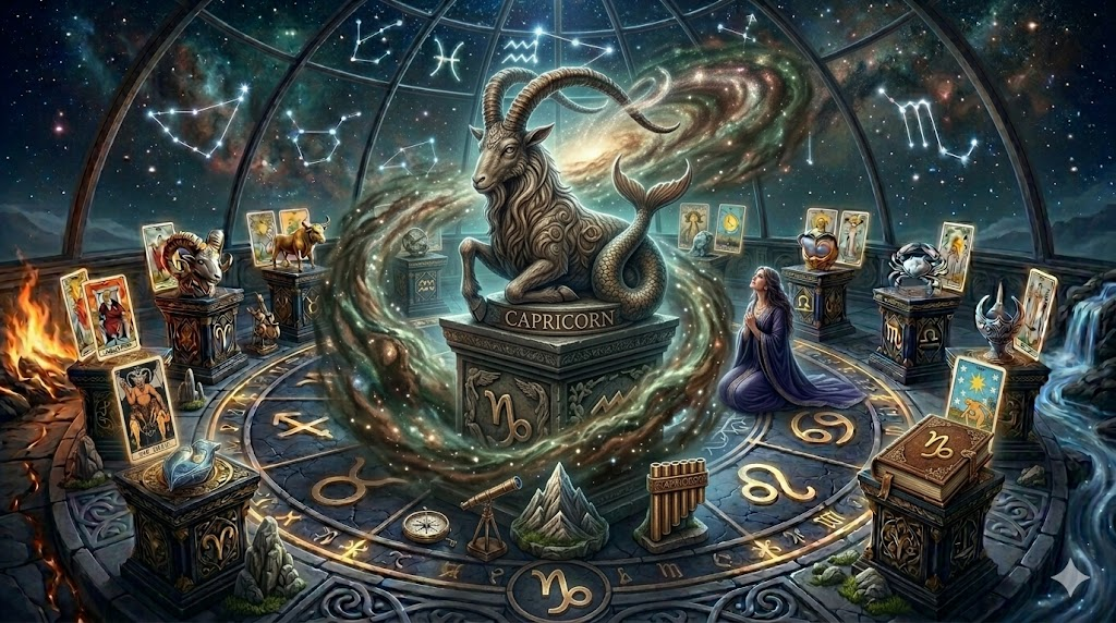 A mystical scene featuring a Capricorn statue at the center, surrounded by zodiac symbols and astrological cards. A woman is kneeling in prayer, with a cosmic background filled with stars and constellations.