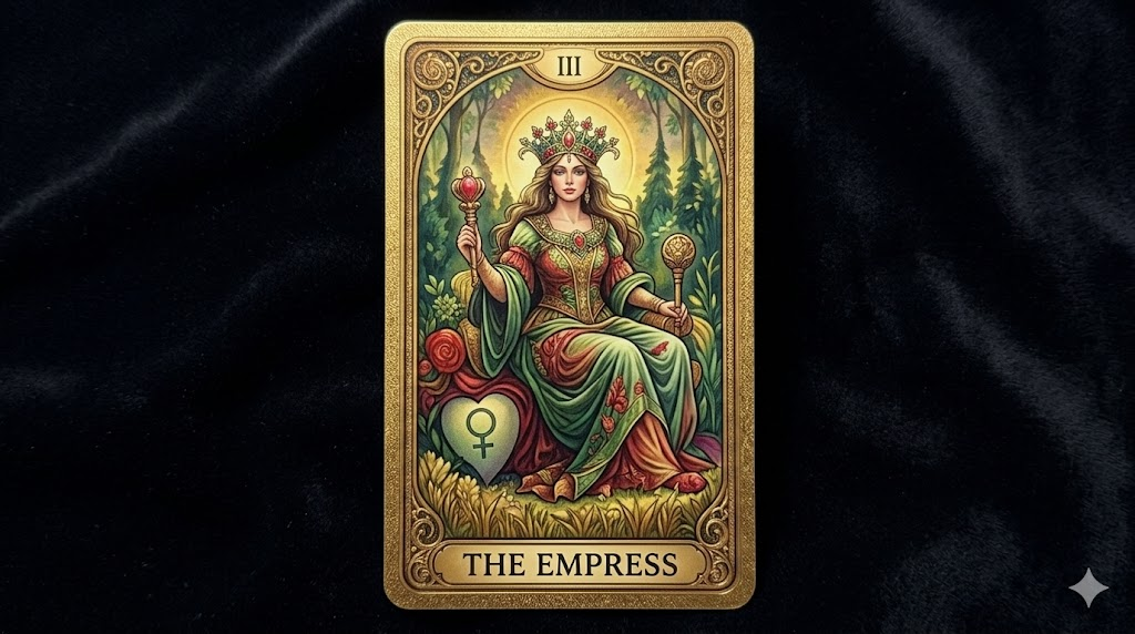 A tarot card featuring 'The Empress,' depicting a regal woman with a crown and robe, seated on a throne surrounded by nature, holding a scepter and heart.