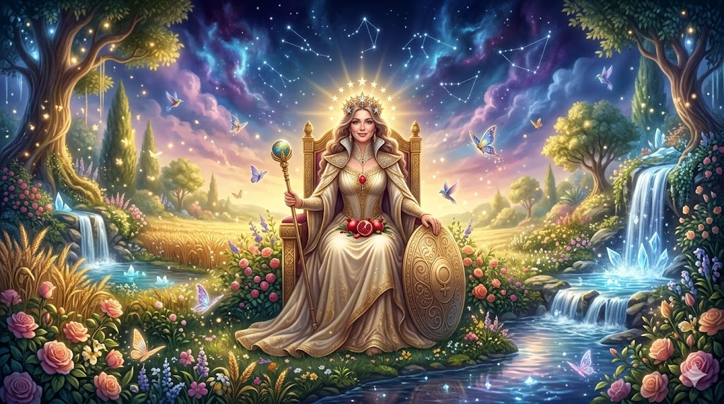 A majestic queen seated on a throne in a vibrant garden, surrounded by flowers, butterflies, and flowing water, with a starry sky and constellations in the background.