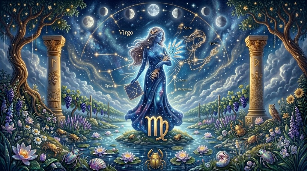 A mystical depiction of the zodiac sign Virgo surrounded by stars and constellations, featuring the Spica star. The scene includes a flowing river, lilies, grapes, and various insects, set against a cosmic background with a moonlit sky.