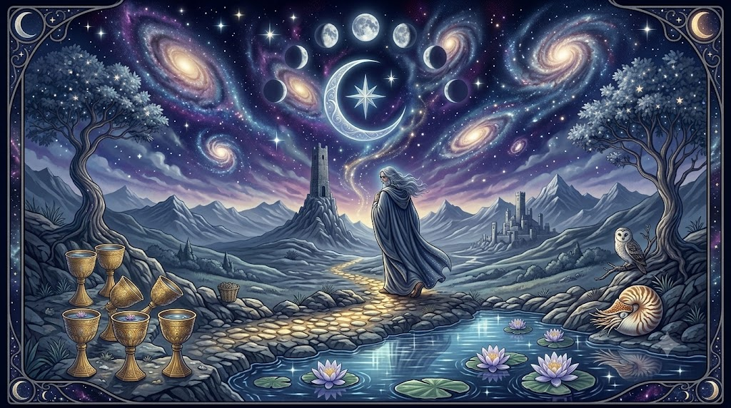 A mystical landscape featuring a cloaked figure walking along a golden path, with a serene lake adorned with lotus flowers. In the background, various galaxies and moons illuminate the night sky, while distant mountains and a castle add to the fantasy theme.